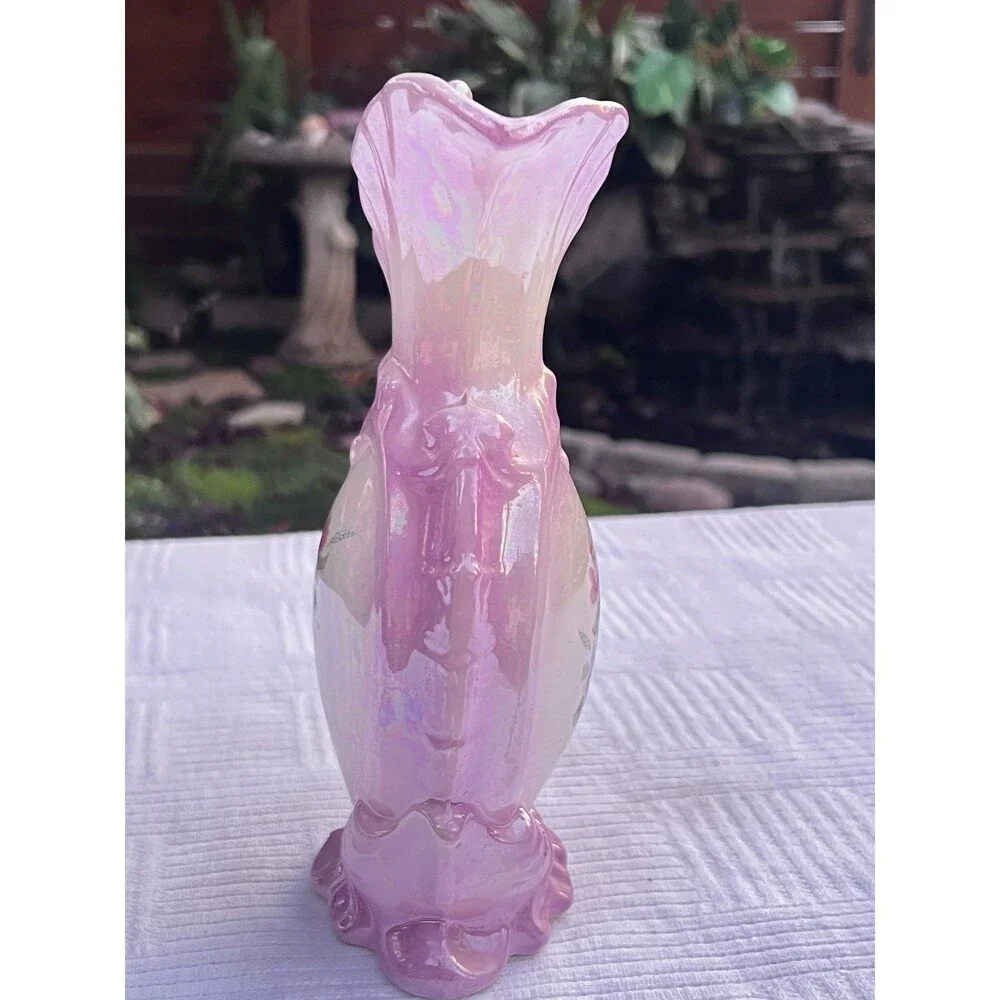 Vintage Pink Purple Ombre Iridescent Lusterware Floral Ewer Pitcher Vase 9”